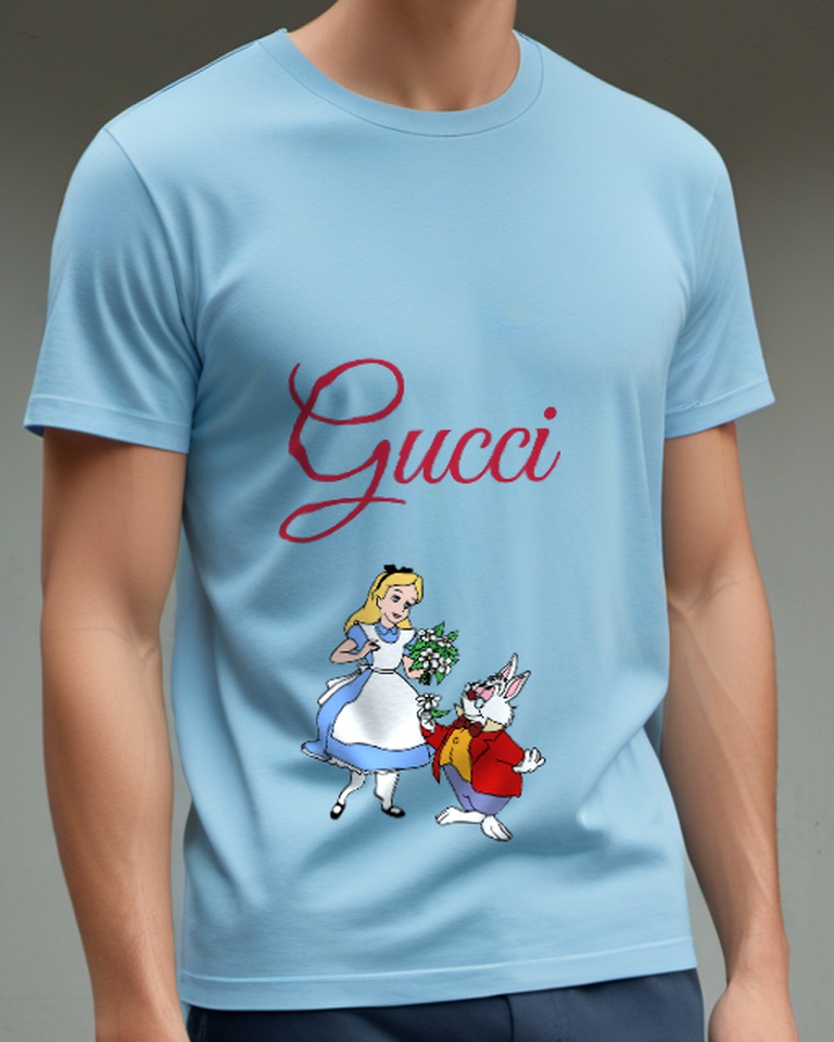 Sky Blue White Rabbit Offers Flowers To Alice Graphic T-Shirt - model wearing view
