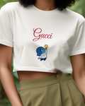 White Blue Figure Lifting Golden Circle Graphic T-Shirt - model wearing view