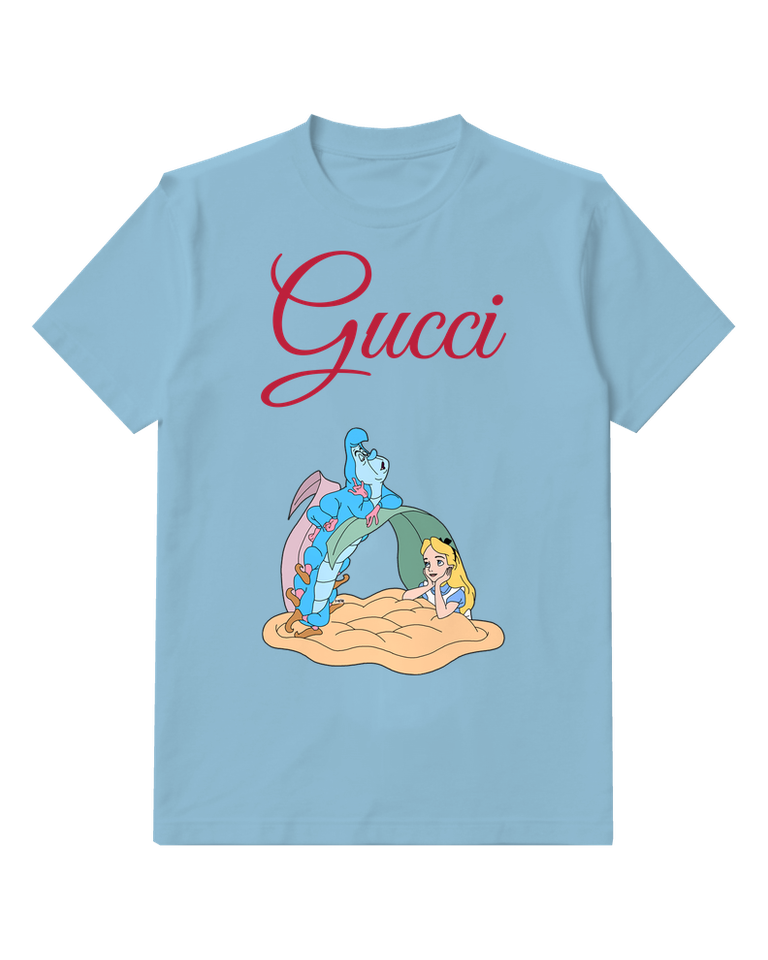 Sky Blue Blue Caterpillar Sitting Atop Leaf Alice Below Graphic T-Shirt - front product view