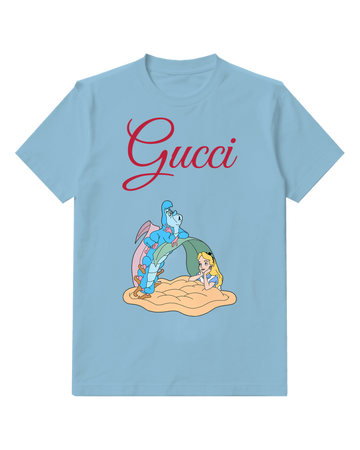 Sky Blue Blue Caterpillar Sitting Atop Leaf Alice Below Graphic T-Shirt - front product view