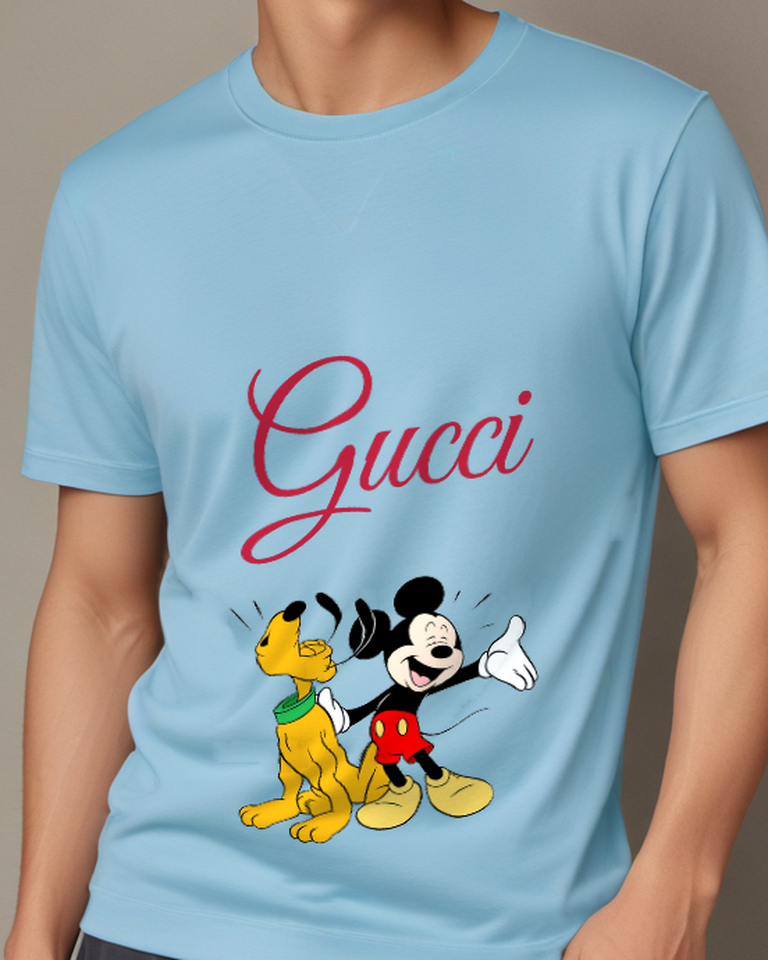 Sky Blue Mickey Mouse And Pluto Together Graphic T-Shirt - model wearing view