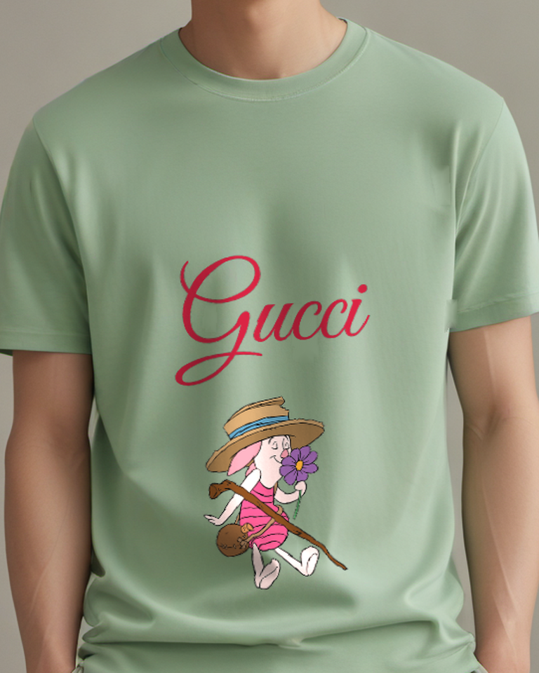 Sage Green Piglet Garden Hoe Graphic T-Shirt - model wearing view