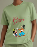 Olive Green Mickey And Goofy Dancing Together Graphic T-Shirt - model wearing view