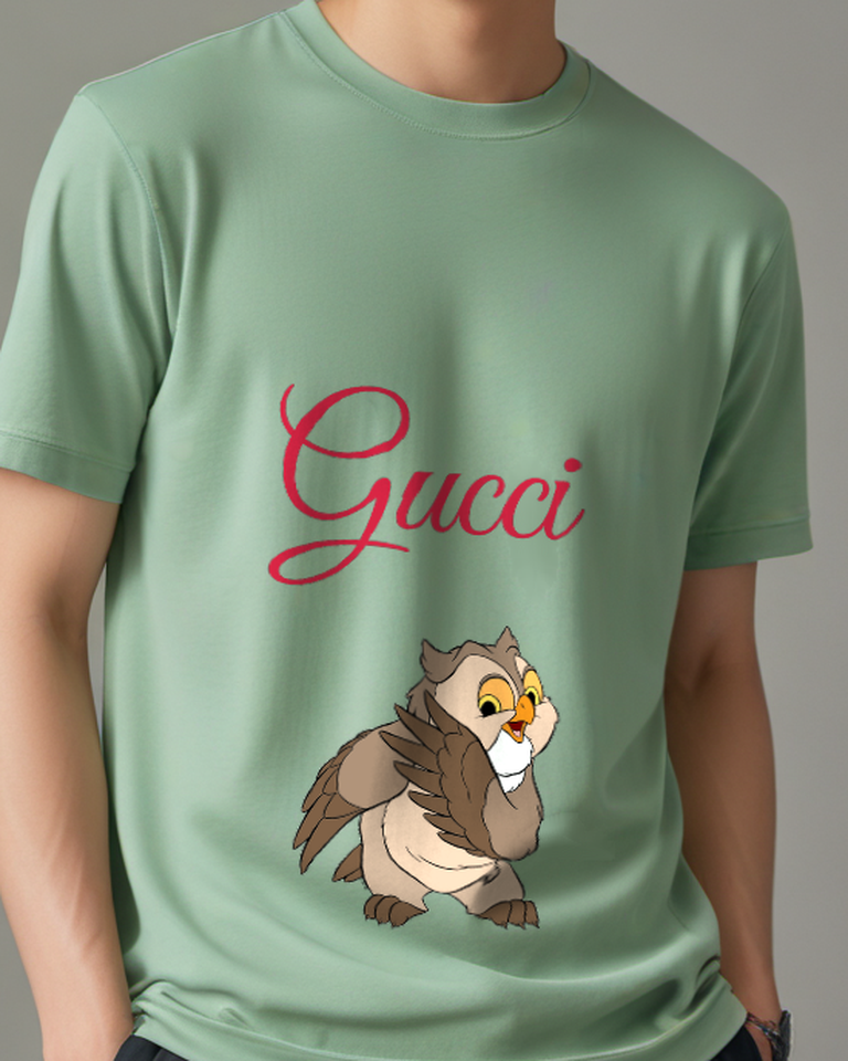 Sage Green Brown Owl Folded Wings Graphic T-Shirt - model wearing view