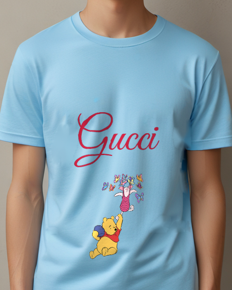 Sky Blue Winnie The Pooh Lifting Piglet With Butterflies Graphic T-Shirt - model wearing view