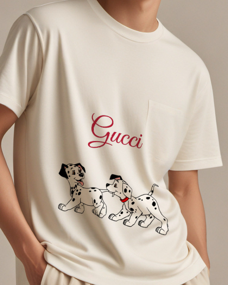 Ivory Two Spotted Puppies Playing Graphic T-Shirt - model wearing view