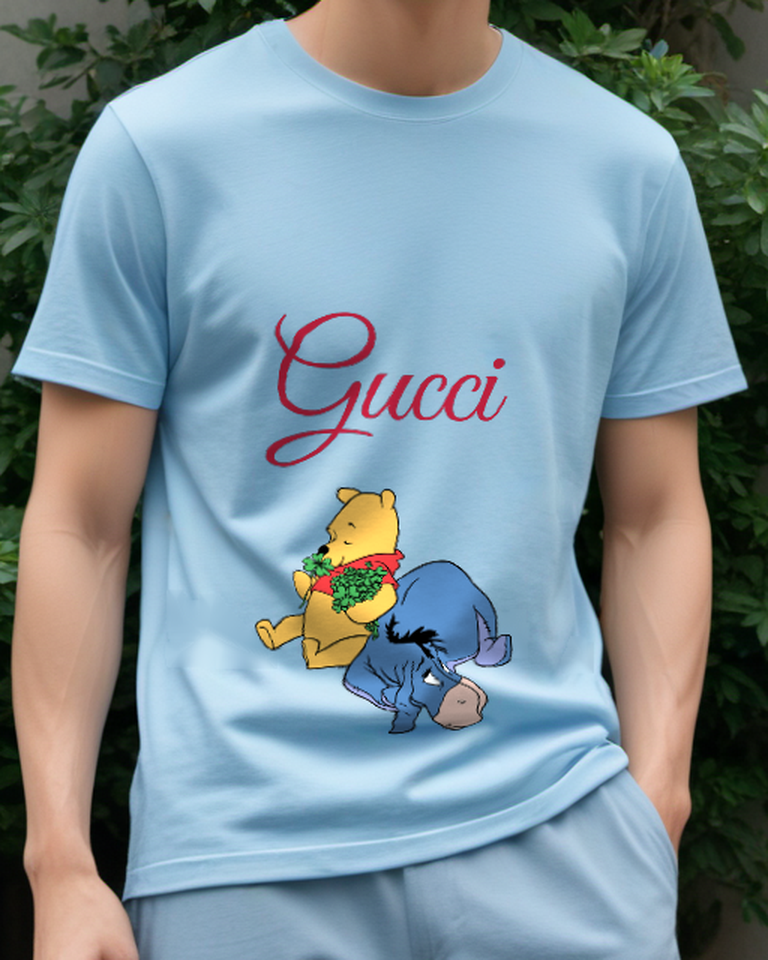 Sky Blue Pooh Holds Shamrocks While Eeyore Lies Down Graphic T-Shirt - model wearing view