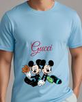 Sky Blue Mickey And Minnie Sitting Together Graphic T-Shirt - model wearing view