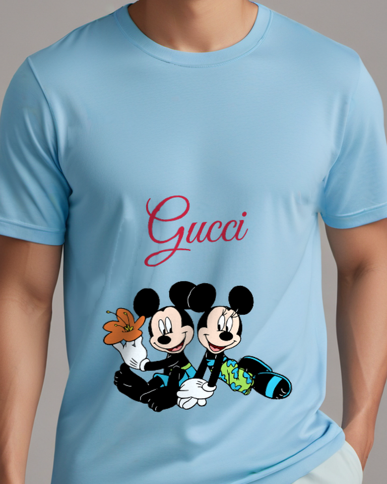 Sky Blue Mickey And Minnie Sitting Together Graphic T-Shirt - model wearing view