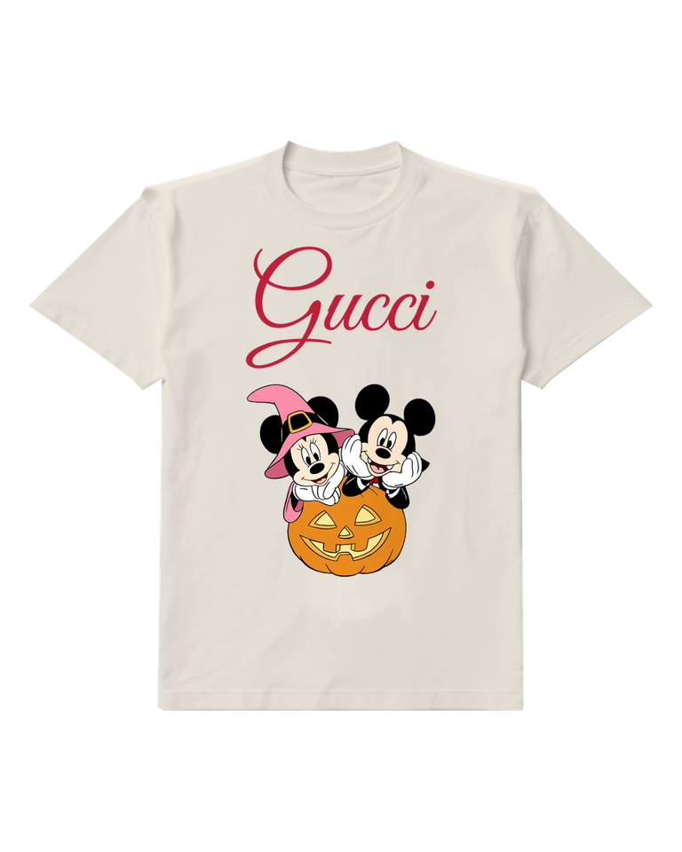 Light Gray Mickey And Minnie On Pumpkin Graphic T-Shirt - front product view