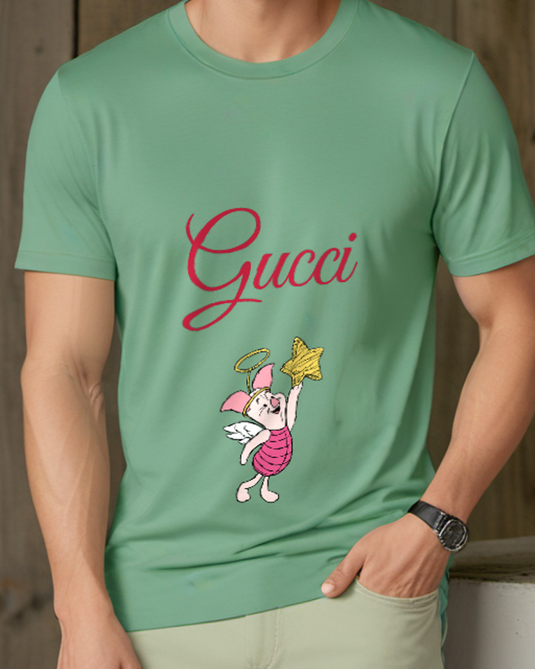 Sage Green Piglet As Angel Holding Star Graphic T-Shirt - model wearing view