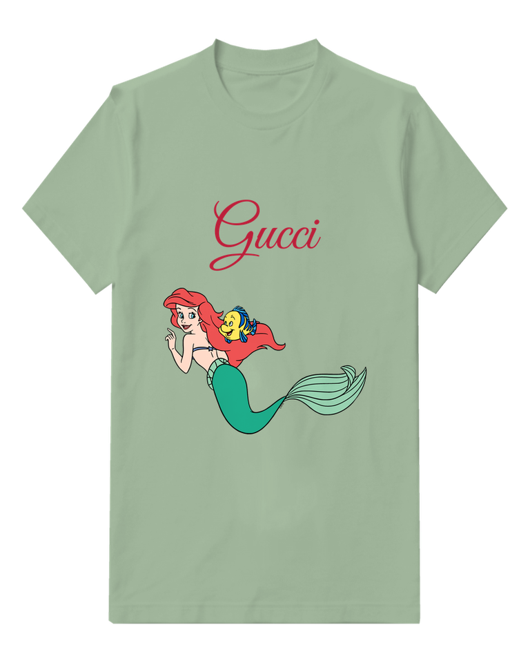 Sage Green Ariel Mermaid With Fish Companion Graphic T-Shirt - front product view