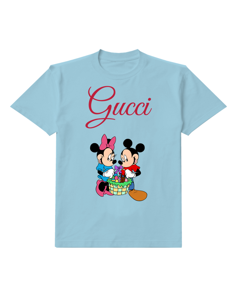 Sky Blue Mickey And Minnie Holding Easter Basket Graphic T-Shirt - front product view