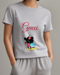 Light Gray Mickey And Minnie In Close Embrace Graphic T-Shirt - model wearing view