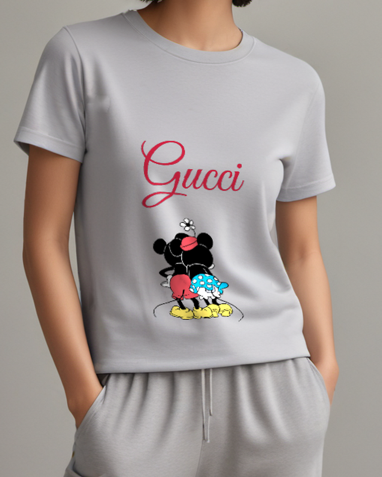 Light Gray Mickey And Minnie In Close Embrace Graphic T-Shirt - model wearing view