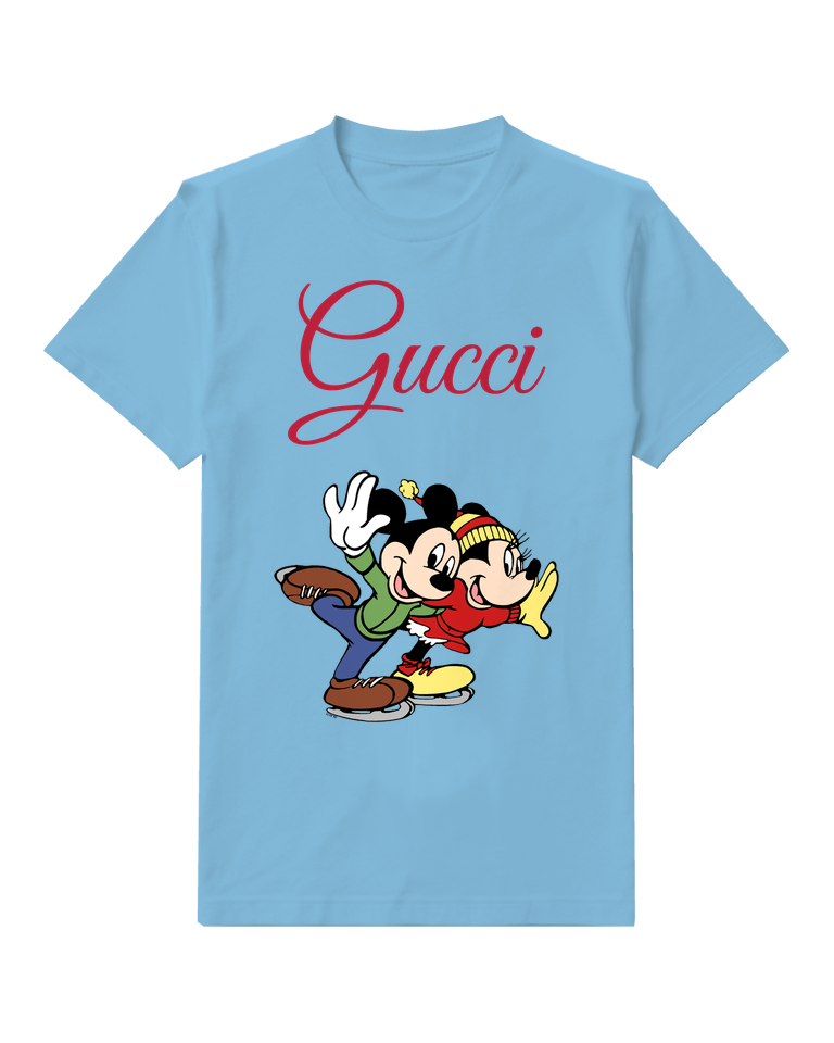 Sky Blue Mickey And Minnie Skating Together Graphic T-Shirt - front product view