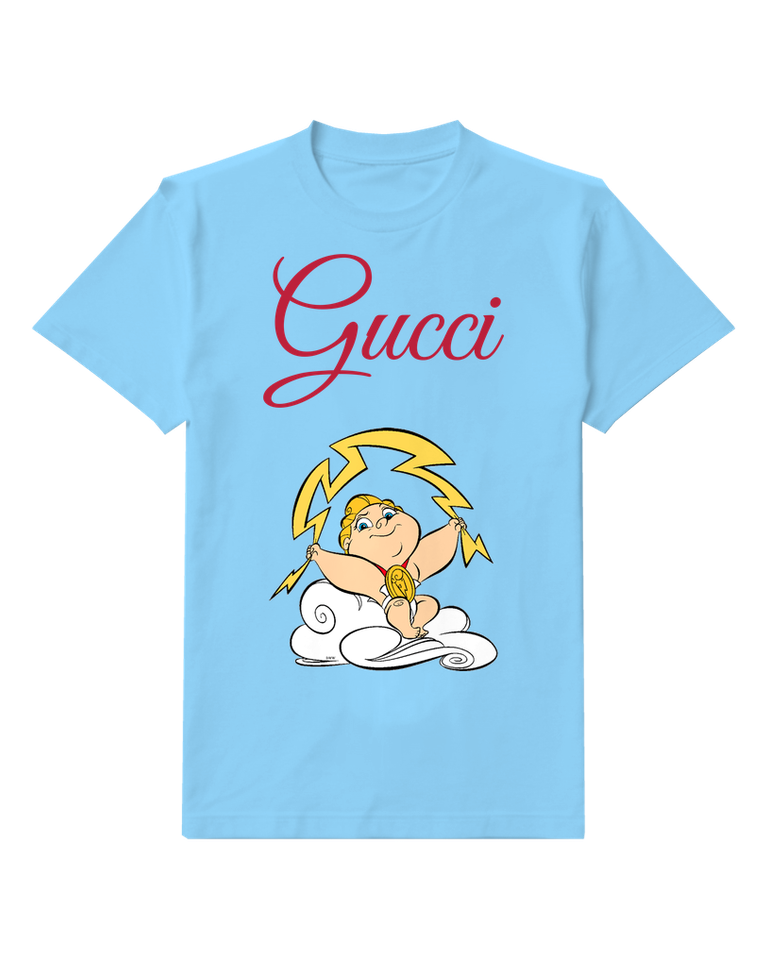 Sky Blue Cartoon Lightning God On Cloud Graphic T-Shirt - front product view