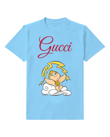 Sky Blue Cartoon Lightning God On Cloud Graphic T-Shirt - front product view