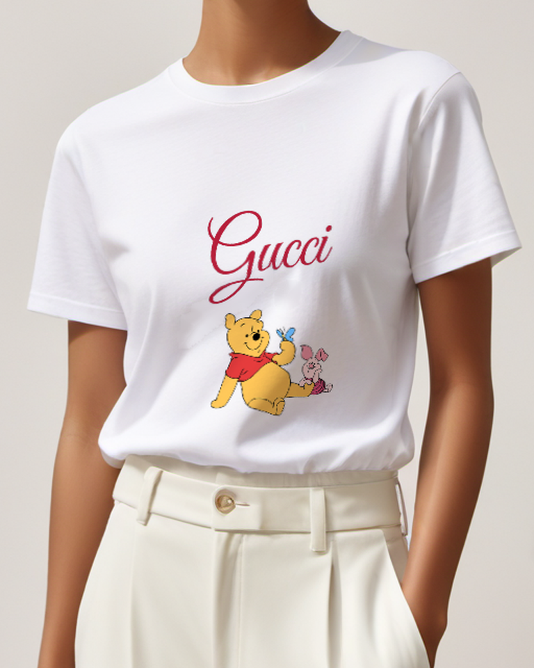White Winnie The Pooh Holding Butterfly Graphic T-Shirt - model wearing view