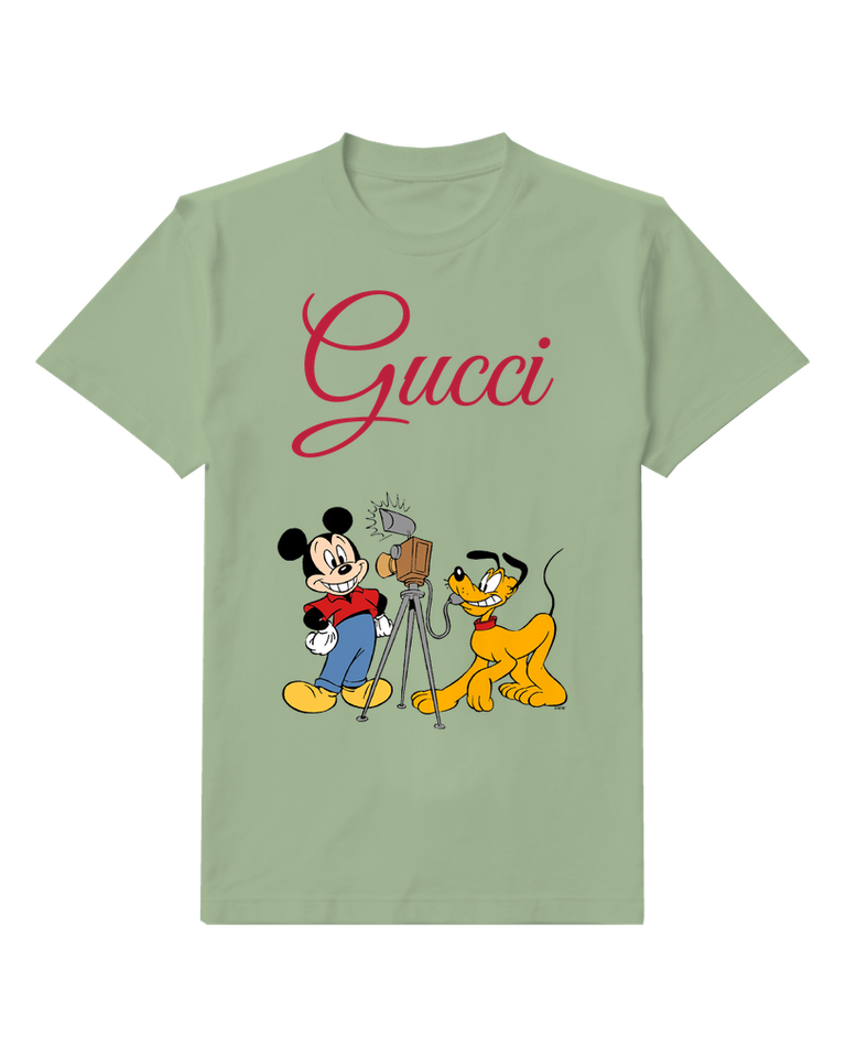 Sage Green Mickey And Pluto With Camera Setup Graphic T-Shirt - front product view