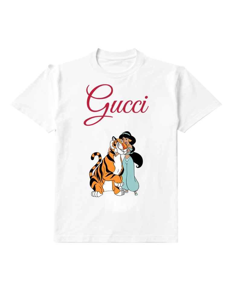 White Jasmine Hugging Tiger In Embrace Graphic T-Shirt - front product view