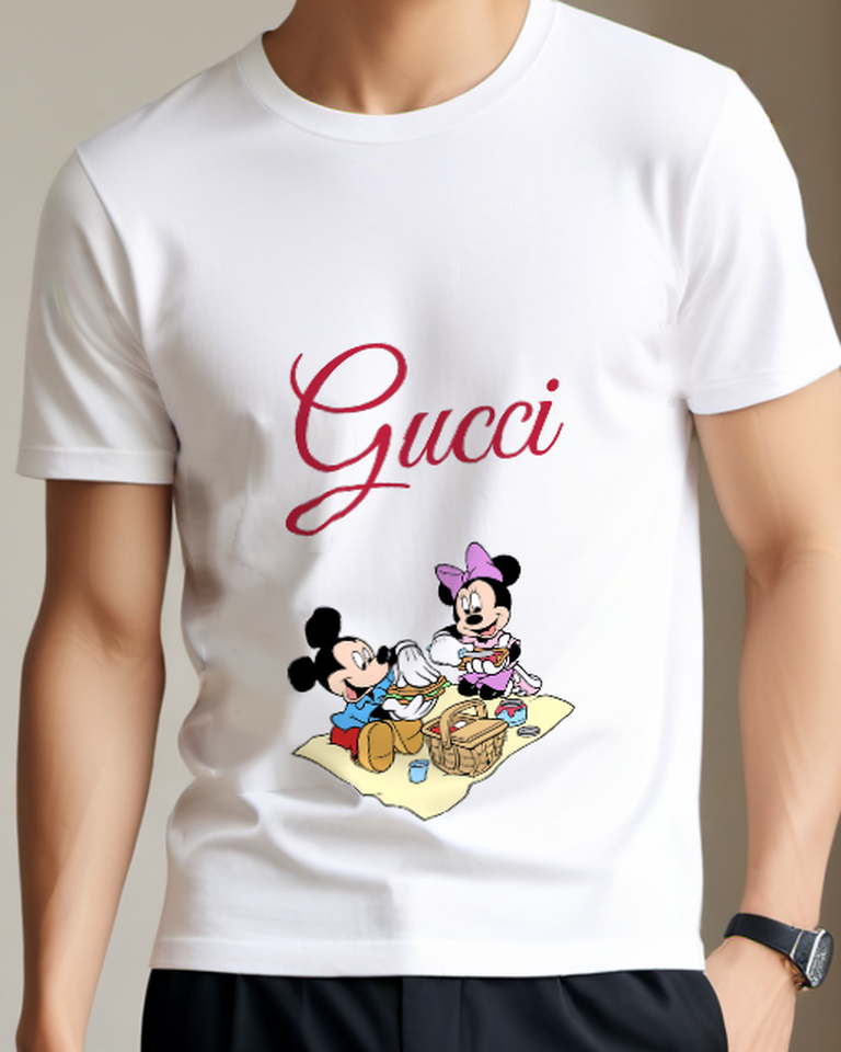 White Mickey And Minnie Picnic Together Graphic T-Shirt - model wearing view