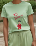 Sage Green Woman Burgundy Finger Gesture Graphic T-Shirt - model wearing view