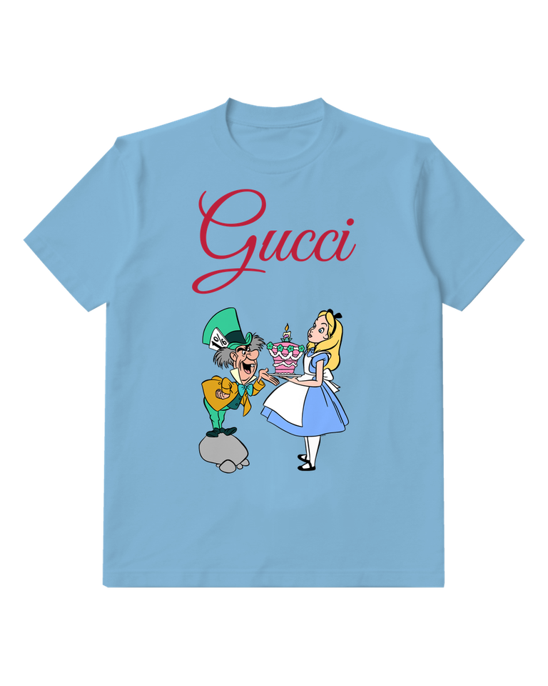 Sky Blue Mad Hatter Offers Cake To Alice Graphic T-Shirt - front product view