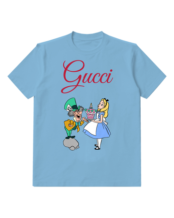 Sky Blue Mad Hatter Offers Cake To Alice Graphic T-Shirt - front product view