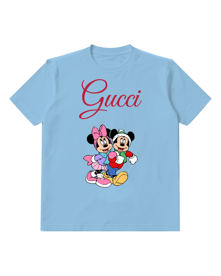 Sky Blue Mickey And Minnie In Winter Attire Graphic T-Shirt - front product view