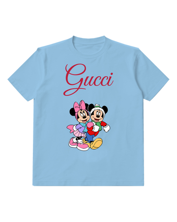 Sky Blue Mickey And Minnie In Winter Attire Graphic T-Shirt - front product view