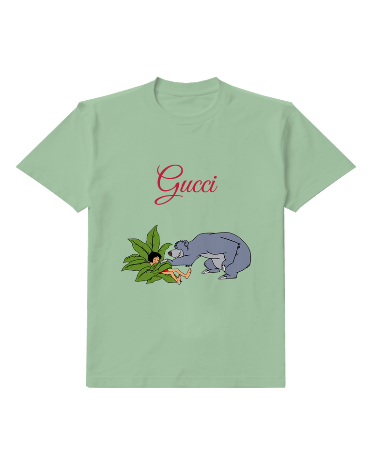Sage Green Baloo And Mowgli In Leafy Hide Graphic T-Shirt - front product view