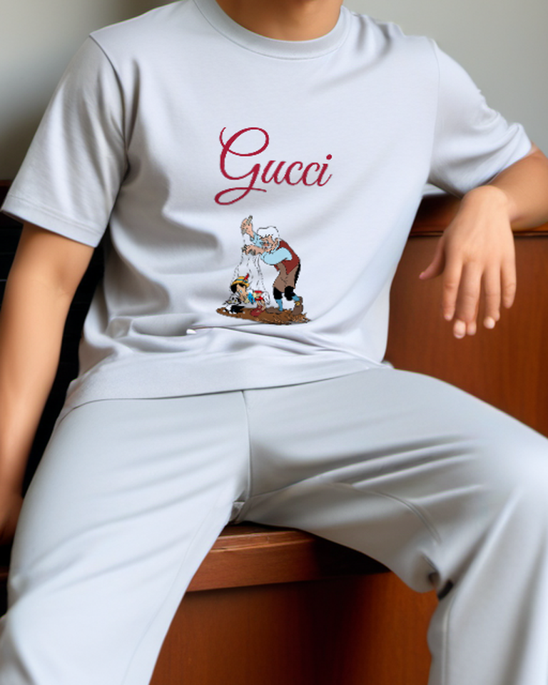 Sky Blue Old Man Controls Puppets On Strings Graphic T-Shirt - model wearing view