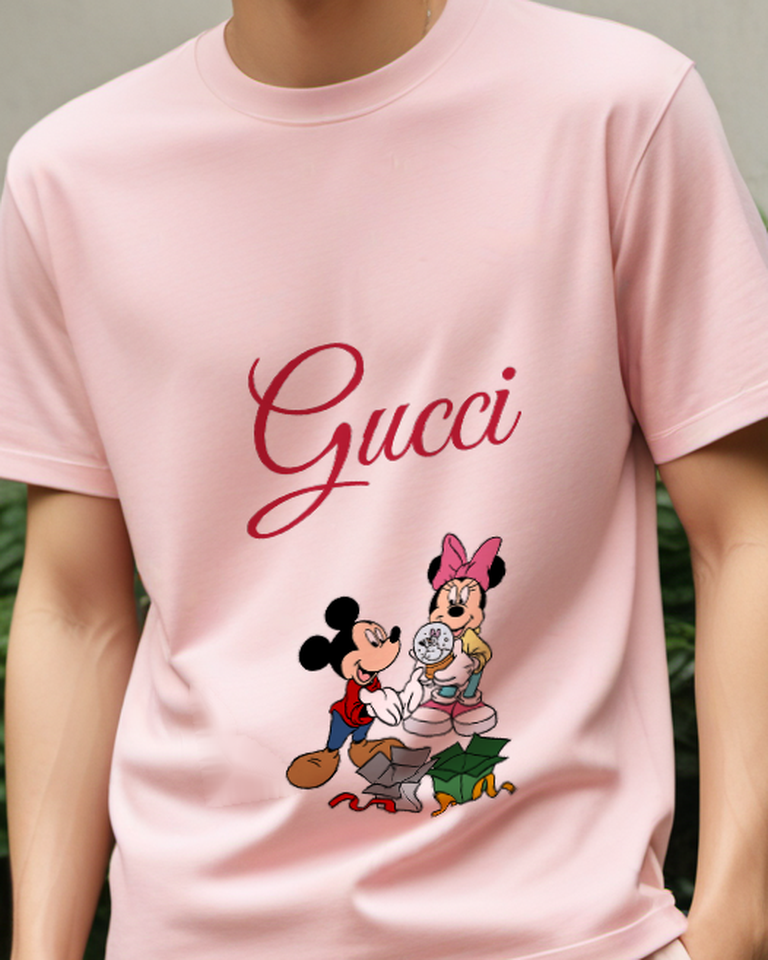 Blush Pink Mickey And Minnie Holding Snow Globe Graphic T-Shirt - model wearing view