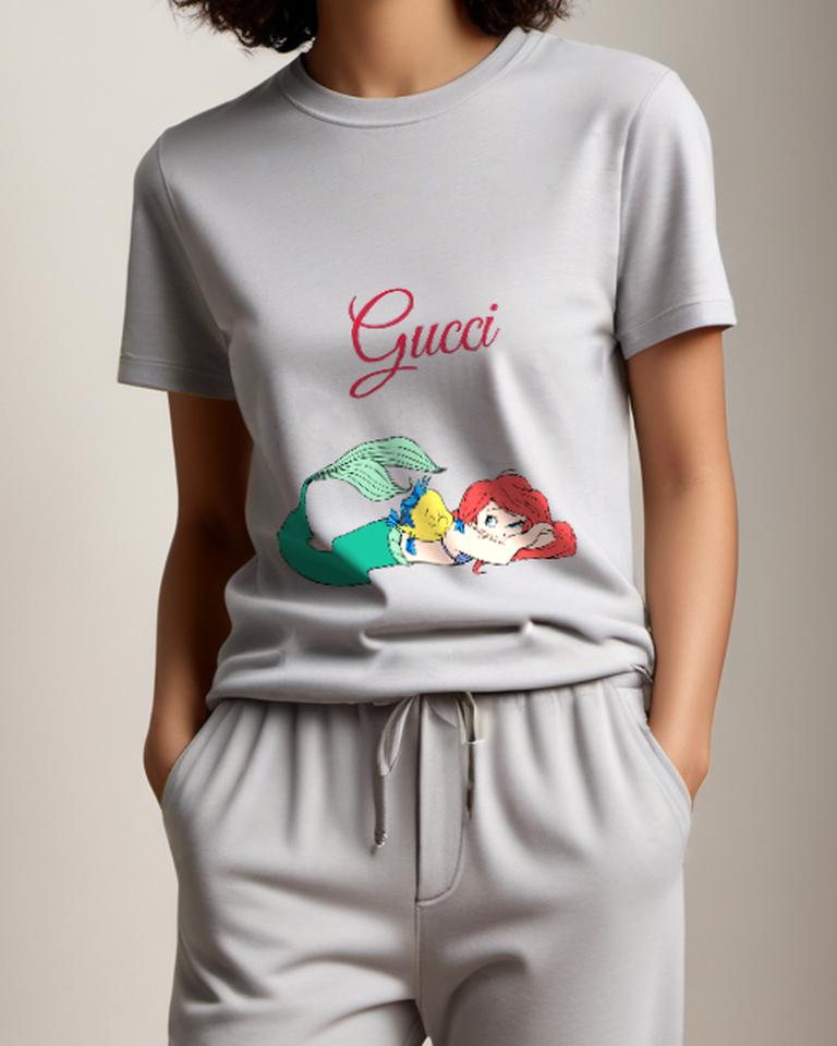 Light Gray Ariel And Flounder Sleeping Together Graphic T-Shirt - model wearing view