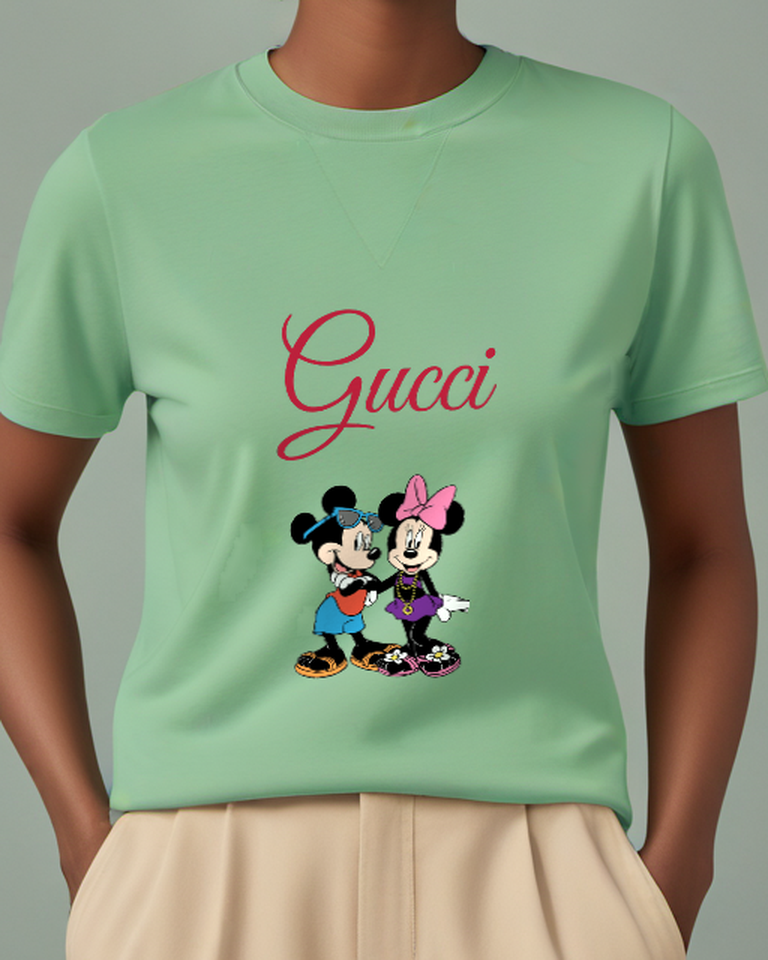 Sage Green Mickey And Minnie In Summer Attire Graphic T-Shirt - model wearing view
