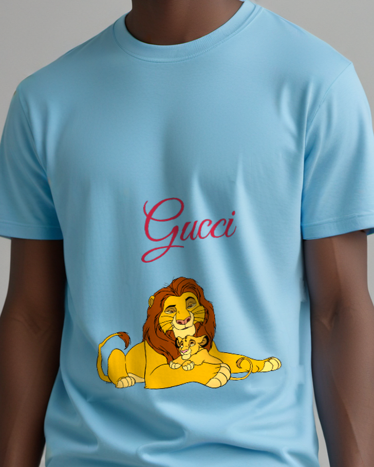 Dusty Blue Lion Father And Cub Resting Together Graphic T-Shirt - model wearing view