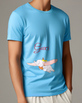 Sky Blue Dumbo Flying With Mouse On Back Graphic T-Shirt - model wearing view