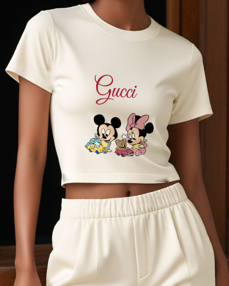 Ivory Baby Mickey And Minnie With Toy Cars Graphic T-Shirt - model wearing view