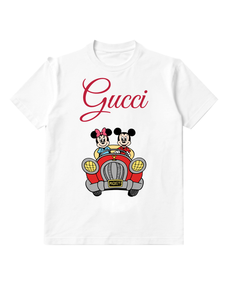 White Mickey And Minnie In Red Car Graphic T-Shirt - front product view