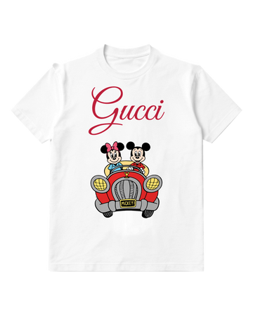 White Mickey And Minnie In Red Car Graphic T-Shirt - front product view