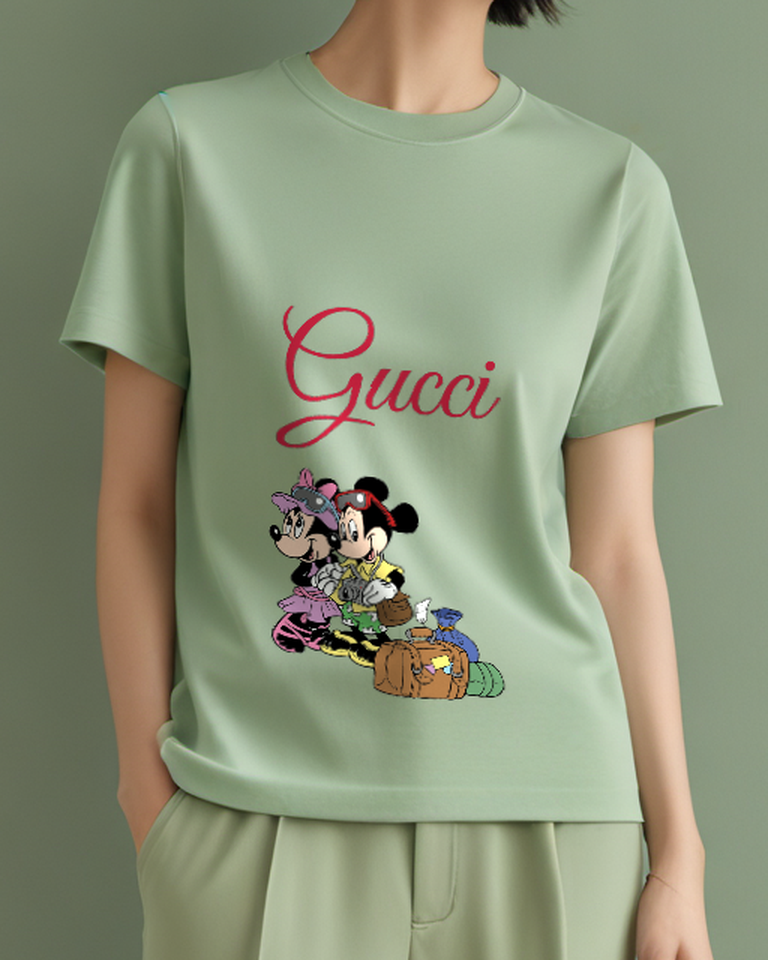 Sage Green Mickey And Minnie In Travel Gear Graphic T-Shirt - model wearing view