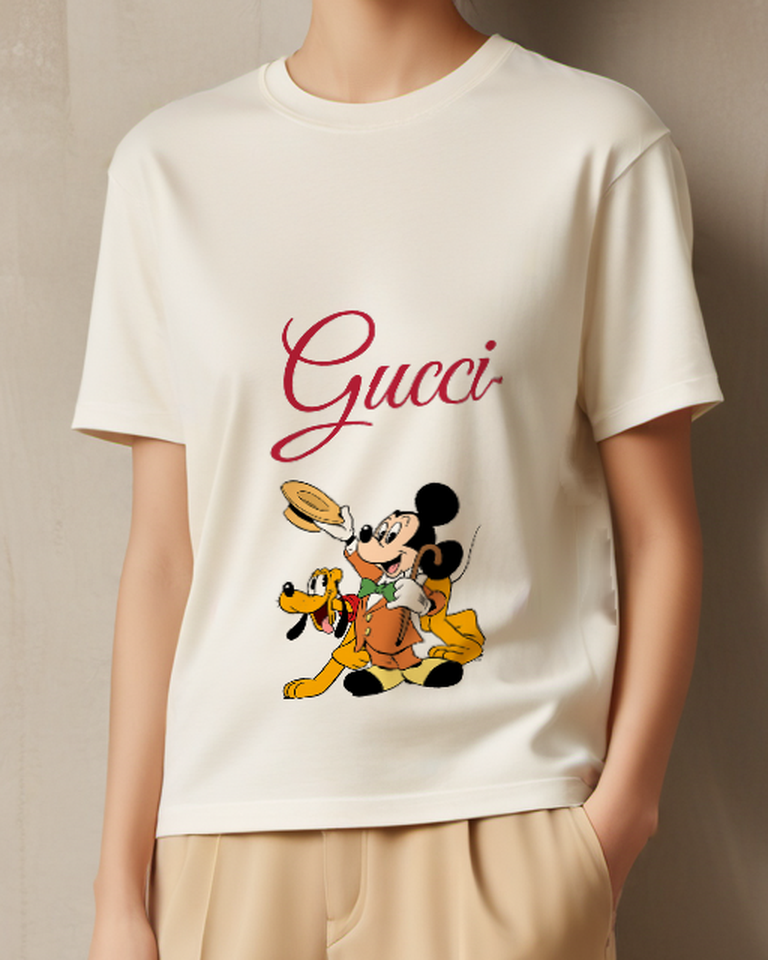 Ivory Mickey Mouse And Pluto Together Graphic T-Shirt - model wearing view