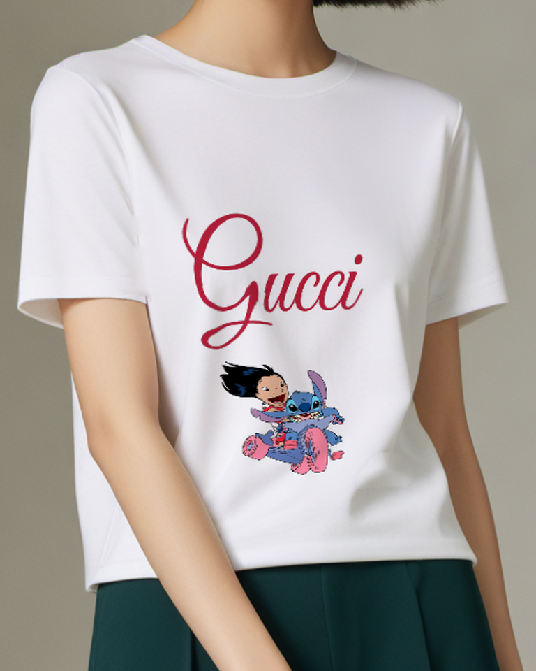 White Stitch And Lilo On Pink Scooter Graphic T-Shirt - model wearing view