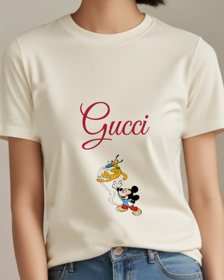 Ivory Mickey Mouse Chasing Pluto With Frisbee Graphic T-Shirt - model wearing view