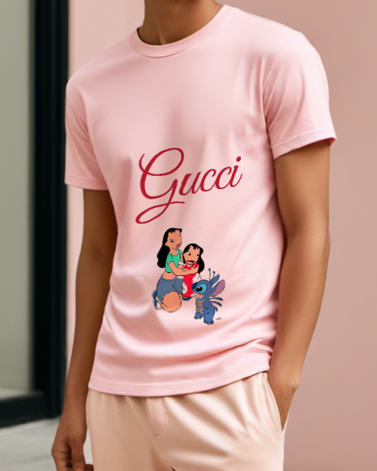 Blush Pink Nani And Lilo Hugging Beside Stitch Graphic T-Shirt - model wearing view