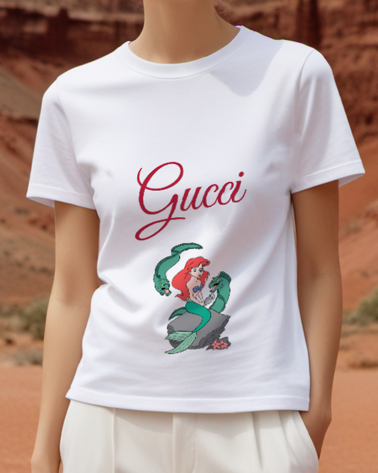 White Ariel Mermaid On Rock With Sea Serpents Graphic T-Shirt - model wearing view