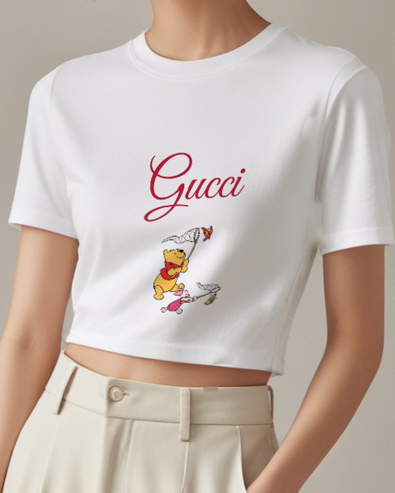 White Pooh And Piglet Chasing Butterflies Graphic T-Shirt - model wearing view