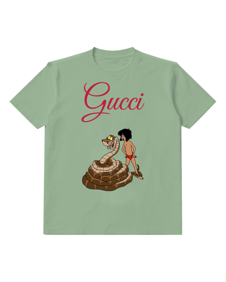 Sage Green Mowgli Stands Beside Coiled Snake Graphic T-Shirt - front product view