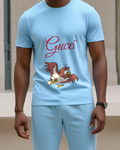 Sky Blue Little Brown Owl Flying Graphic T-Shirt - model wearing view